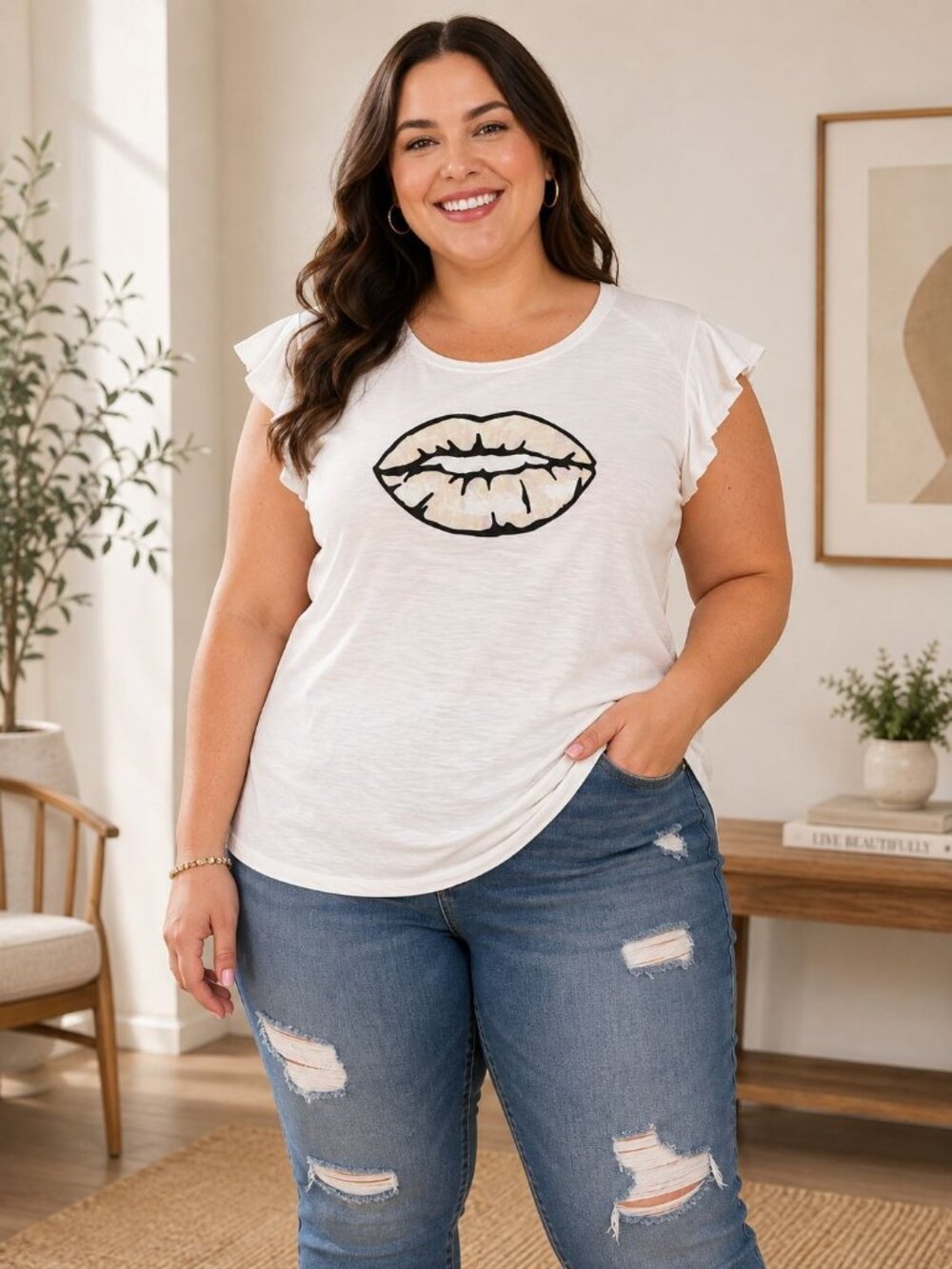 Torrid White Lips Graphic Classic Fit Tee Size 3 Cotton Modal Blend Short Sleeve